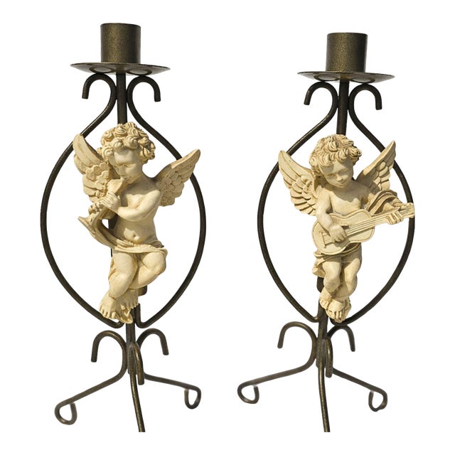 Vintage Pair Cherub Angel Figural Candlesticks Metal & Porcelain Putti Candle Holders 11" For Sale