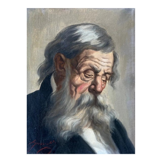 Jeno Gussich Hangarian 1950 Oil on Canvas Old Man 2 For Sale