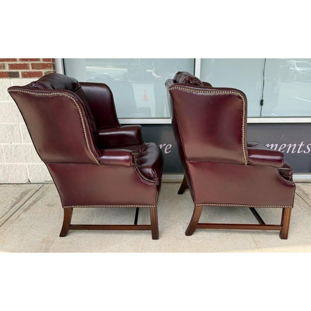 Pair of Vintage Maroon Leather Wingback Chairs by Classic Leather For Sale In Raleigh - Image 6 of 17