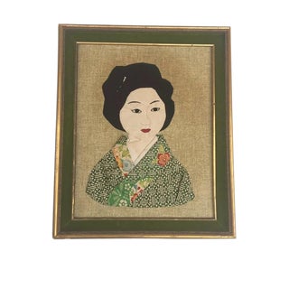 Mid Century Asian Portrait Textile Art Hand Stitched Chinoiserie Wall Art For Sale