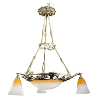 Art Deco Orange and White Pendant Light attributed to Schneider, 1930s For Sale