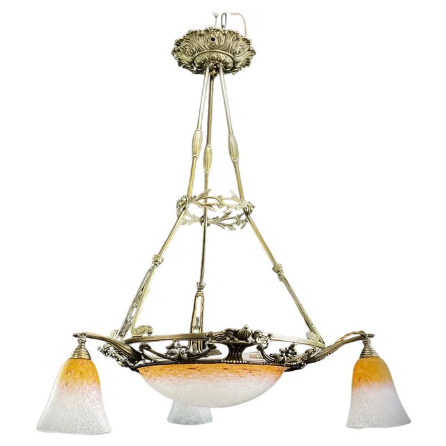 Art Deco Orange and White Pendant Light attributed to Schneider, 1930s For Sale