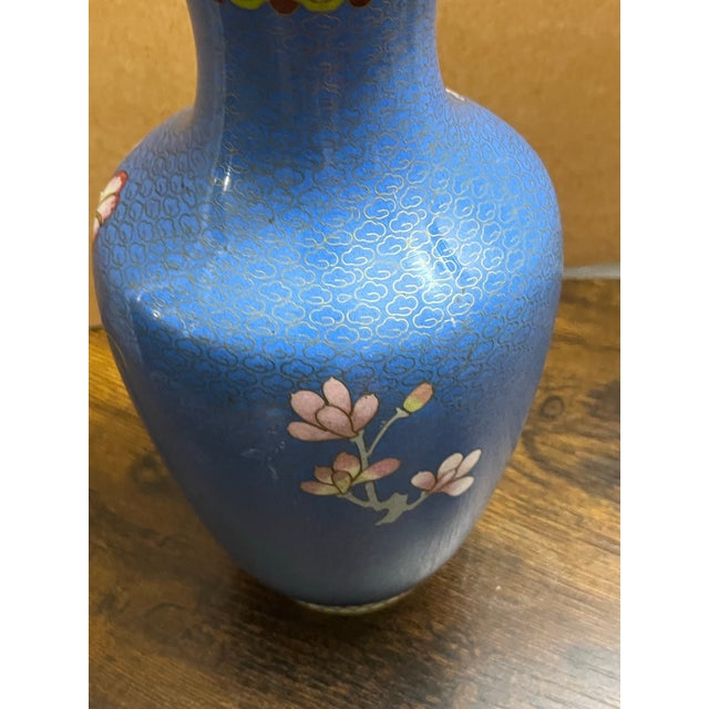 Vintage Chinese Blue Cloisonné Enamel Vase With Morning Glory Flowers, 10 Inches For Sale In Atlanta - Image 6 of 8