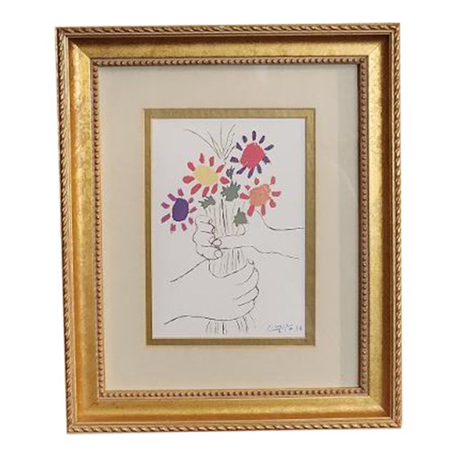 Vintage Pablo Picasso "Bouquet of Peace" (1958) Exhibition Print | Premium Metallic Ink, Rare Blue Plate-Signature in Ornate Gilt Rope-Twist Frame For Sale