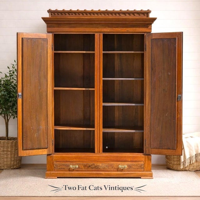 Victorian Antique 1870s Eastlake Victorian Knockdown | Walnut W/ Burl | Wardrobe Armoire | With Key For Sale - Image 3 of 16