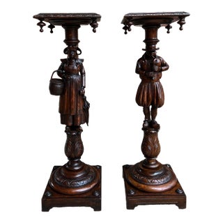 Antique French Breton Pedestal Stands Pair Carved Figural Display Brittany C1900 For Sale