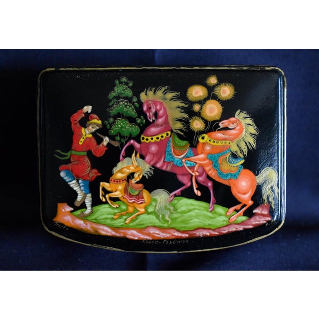 Vintage (1960's) Lacquered Box is Russian. Hand Painted Art - Humpbacked Horse Signed. Origin: Russia. The Measurements:...