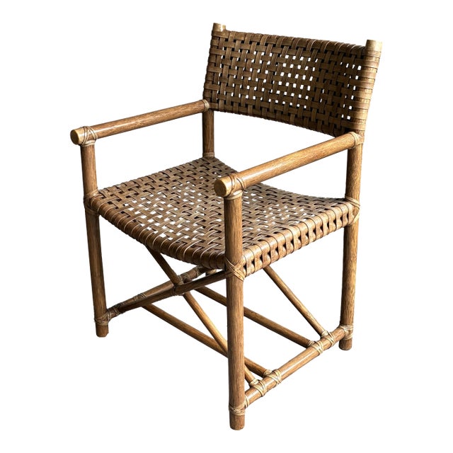 Vintage Coastal Woven Leather Strap Armchair / Campaign Style Lounge Chair For Sale
