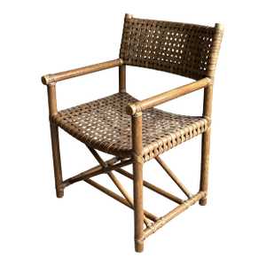 Vintage Coastal Woven Leather Strap Armchair / Campaign Style Lounge Chair