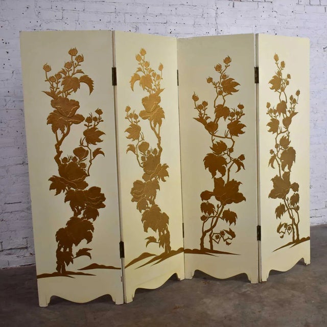 Hollywood Regency to Art Deco Folding Screen Four Panel Painted Off White With Floral Embossed Design For Sale - Image 10 of 13