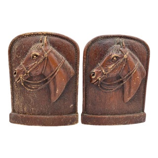 Pair Vintage Syroco Equestrian Horse Brown Wood Library Office Mantel Bookends For Sale