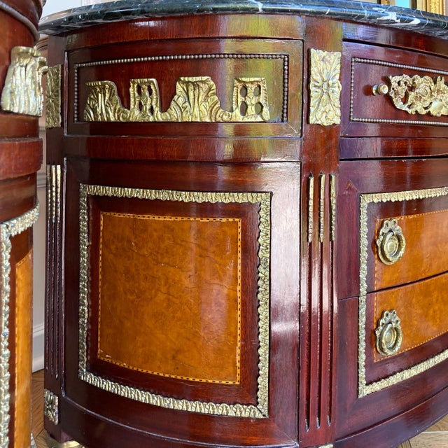 1960s Pair of French Louis XVI Style Demilune Marble Top Commodes | Nightstands | Bedside Tables For Sale - Image 4 of 11