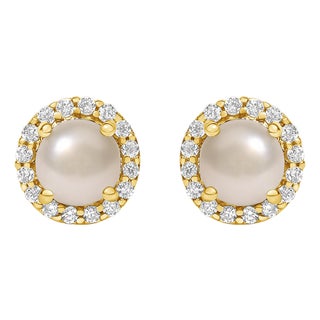 10K Yellow Gold Pearl and 1/6 Cttw Diamond Halo Stud Earring For Sale