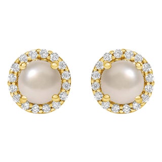 10K Yellow Gold Pearl and 1/6 Cttw Diamond Halo Stud Earrings, A Pair For Sale