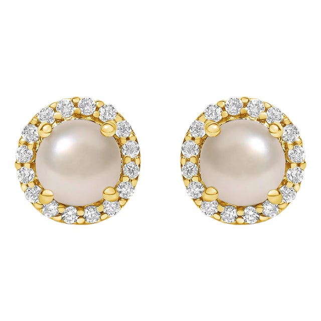 10K Yellow Gold Pearl and 1/6 Cttw Diamond Halo Stud Earrings, A Pair For Sale