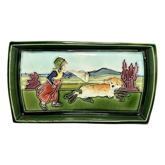 Art Nouveau Majolica Tray: Girl & Dog, Carl Luber c. 1900 For Sale