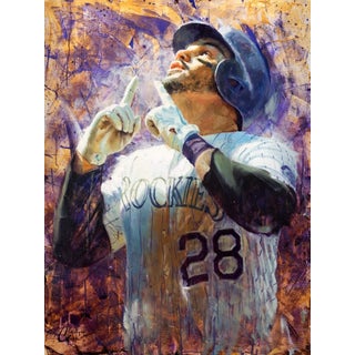 Nolan Arenado by Christopher Clark | Oil on wood Portrait of a baseball player in uniform. For Sale