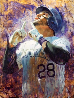 Nolan Arenado by Christopher Clark | Oil on wood Portrait of a baseball player in uniform.