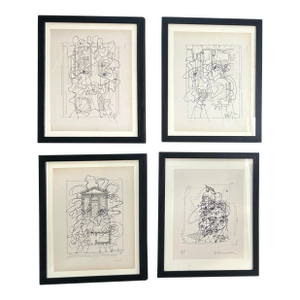 Contemporary Four Original Wayne Cunningham Abstract Marker Drawings on Vintage Papers- Set of Four