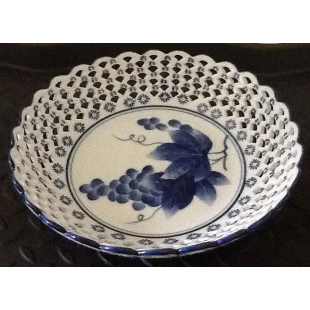 Ceramic 3-Piece Blue & White Grape Motif Porcelain Bowl/Lidded Jar Set For Sale - Image 7 of 8