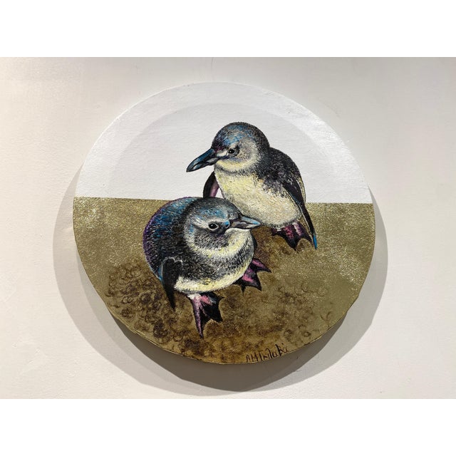Early 21st Century Anastasia Gklava, Baby Penguins, Oil Painting with Gold Leaf on Round Canvas, 2025 For Sale - Image 5 of 18