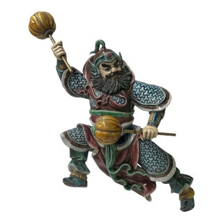 Chinese Vintage Color Ceramic Warrior Holding Round Drum Figure Display Art For Sale