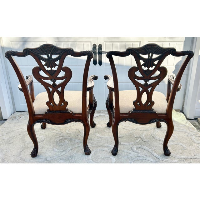 Chippendale Vtg. Pair of Henredon Chippendale Heavily Carved Solid Mahogany Arm Chairs For Sale - Image 3 of 12