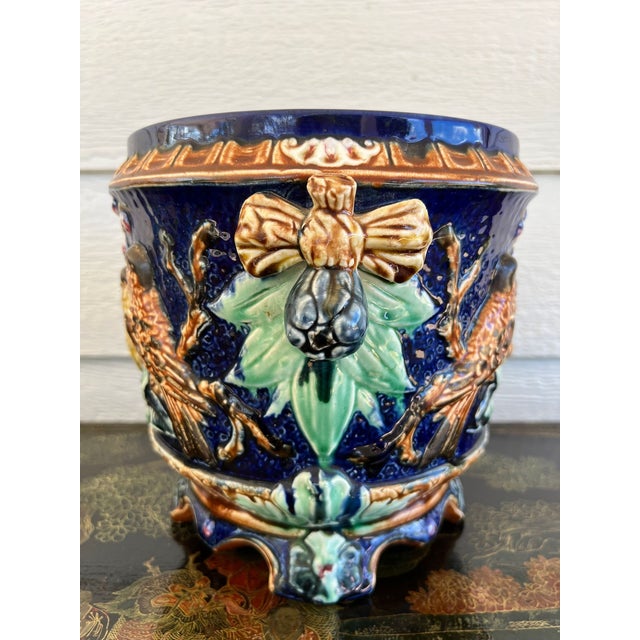 Ceramic Antique Majolica Bird Planter Cache Pot Jardinière Cobalt Blue Wasmuël C1890 For Sale - Image 7 of 18