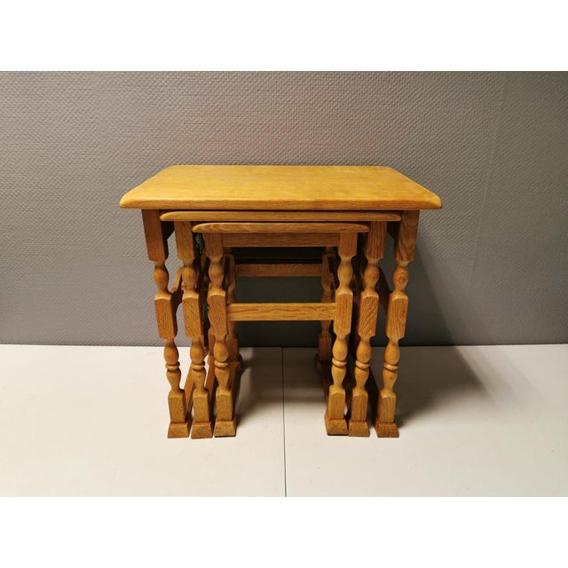 Nesting Tables in Oak with Carvings attributed to Henry Kjærnulf for Nyrup Furniture Factory, Denmark, 1960s, Set of 3 For Sale - Image 3 of 14