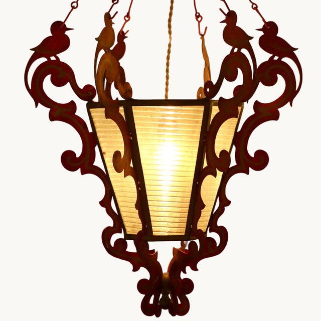 Large 6-Sided Chandelier in Frosted Glass with Wrought Iron Bird Decorations, Italy, 1940s For Sale - Image 9 of 14