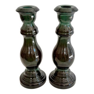 Late 20th Century Emerald Green Glass Candlestick Holders For Sale