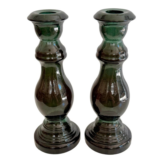 Late 20th Century Emerald Green Glass Candlestick Holders For Sale