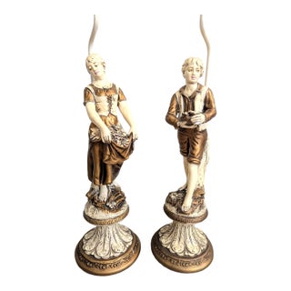 Mid 20th Century French Figurative Lamp Boy Girl Peasants Chalkware - a Pair For Sale