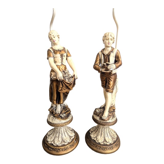Mid 20th Century French Figurative Lamp Boy Girl Peasants Chalkware - a Pair For Sale