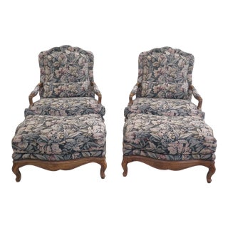 Baker French Style Bergere Chairs & Ottomans - 4 Pieces For Sale