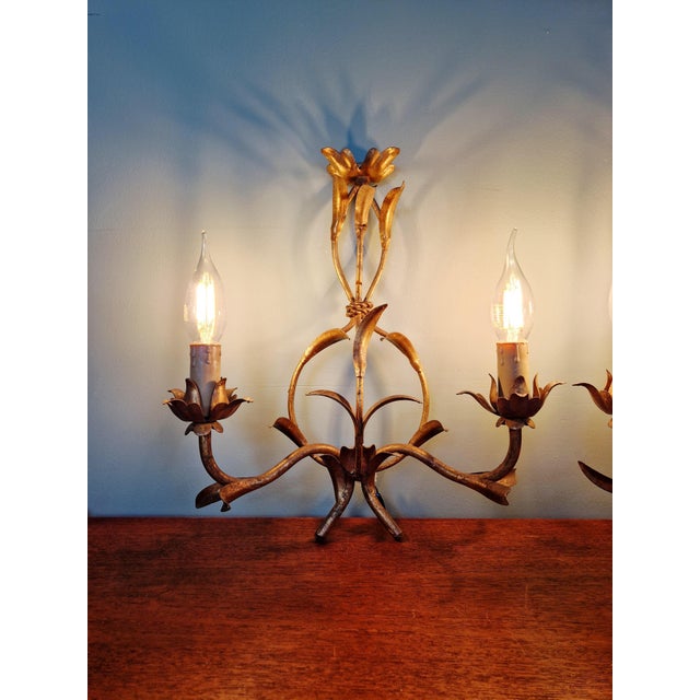 Metal Floral Wall Sconces in Gilt Metal, Italy, 1960, Set of 2 For Sale - Image 7 of 14