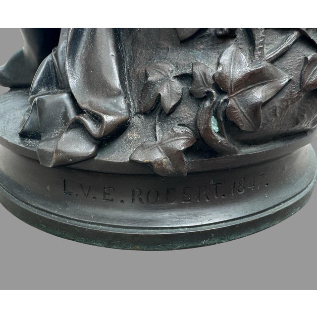 Late 19th Century Antique Victorian 14" Figural Bronze Statue Sculpture Signed l.v. E. Robert 1847 For Sale - Image 5 of 12