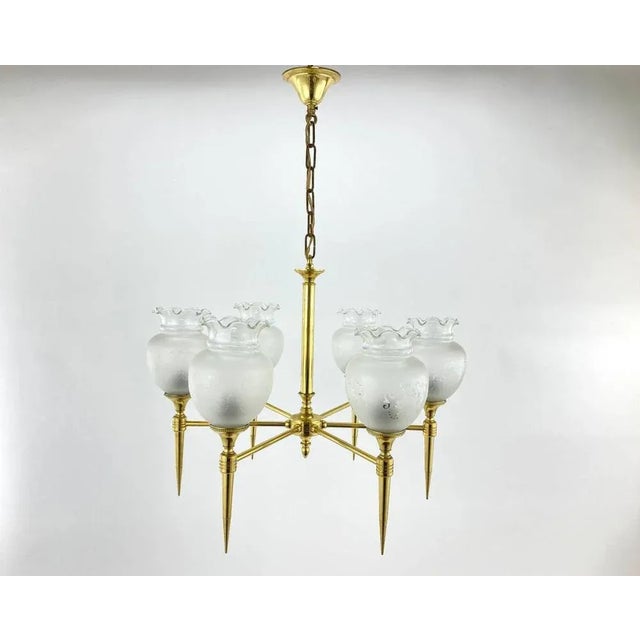 Gold Vintage Brass and Frosted Glass Chandelier, France, 1970s For Sale - Image 8 of 8