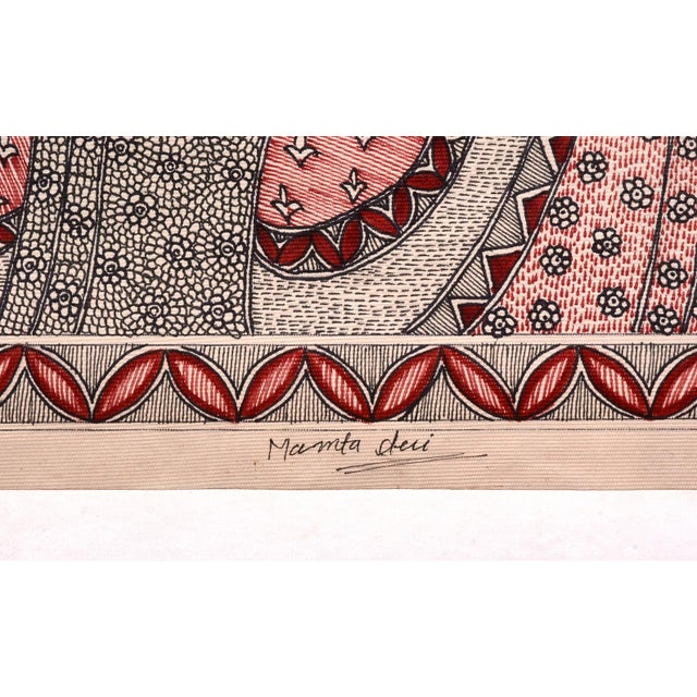 Folk Art Hand-Painted Madhubani Folk Art by Mamta Devi, National Award Winner 2016, Traditional Indian Village Life For Sale - Image 3 of 4