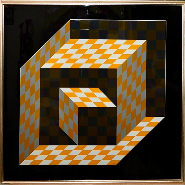 Orange Victor Vasarely, 1970's Enamel Metal Vasarely Silkscreen Screenprint Axo Kinetic Op Art Sculpture, c.1970's For Sale - Image 8 of 9