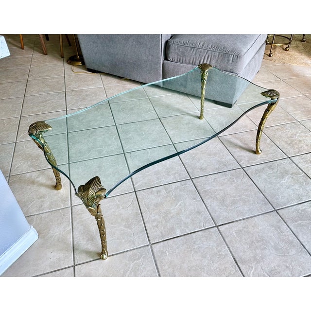 Mid Century p.e. Guerin Style Brass & Glass Coffee Table With Frond Legs For Sale - Image 9 of 16