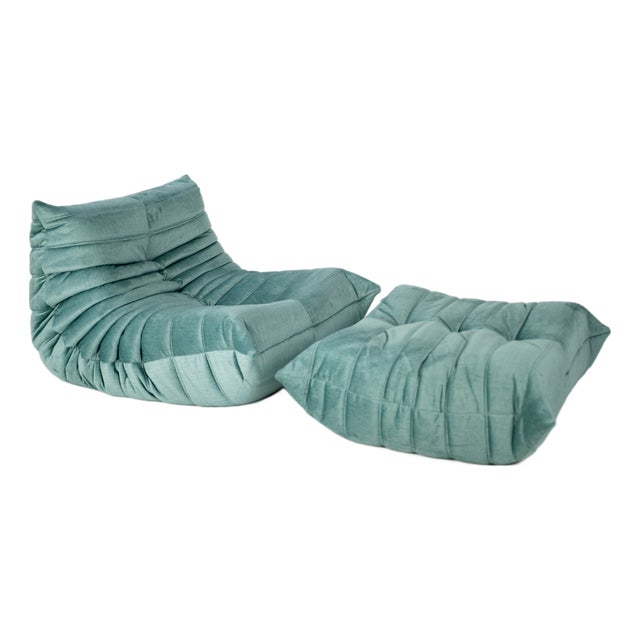 Togo Lounge Chair and Mint Velvet by Michel Ducaroy for Ligne Roset, 1973, Set of 2 For Sale