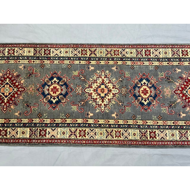 2000 - 2009 Charcoal Gray, Cream and Red Kazak Wool Runner Rug, 2'8" X 9'6" For Sale - Image 5 of 17