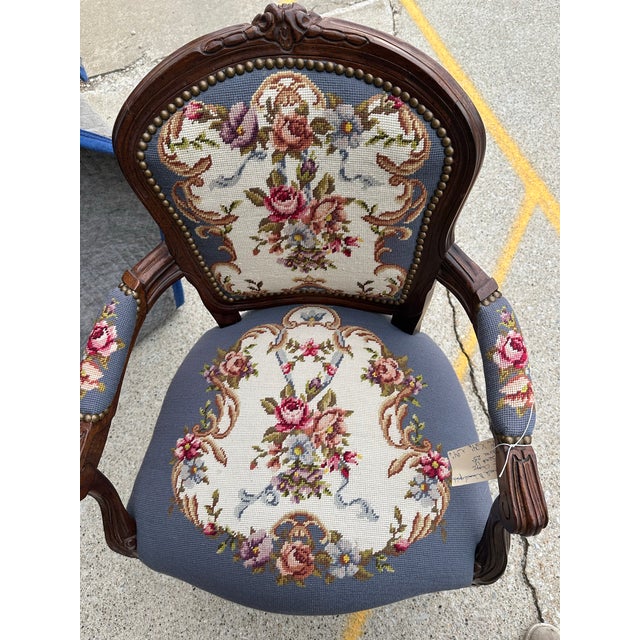 Vintage French Slate Blue Needlepoint Arm Chair For Sale - Image 10 of 12