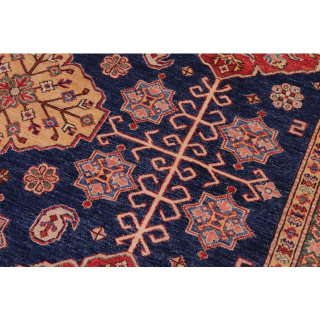 Textile Boho Chic Super Kazak Blue/Beige Wool Rug - 7'10'' X 10'1'' For Sale - Image 7 of 10