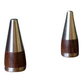 Vintage Danish Pair of Rosewood and Stainless Steel Salt and Pepper Shakers For Sale