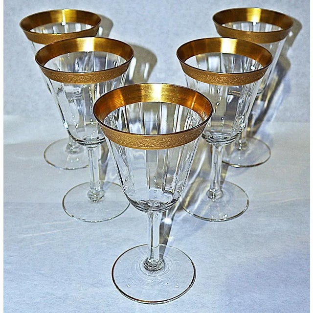 Set of 5 fine 19320-30s US made crystal wine stems, 23k gold trimming with worn gold rimmed bases.