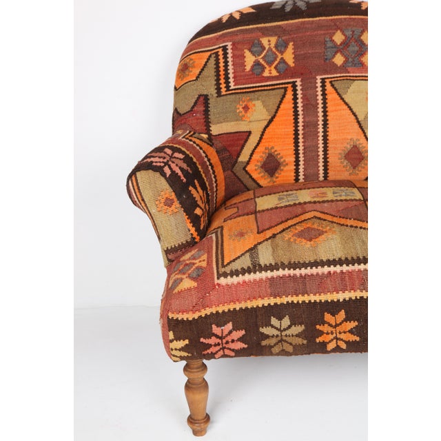 Wood Handwoven Turkish Kilim Upholstered Armchair – Vintage Textile Accent Chair For Sale - Image 7 of 10