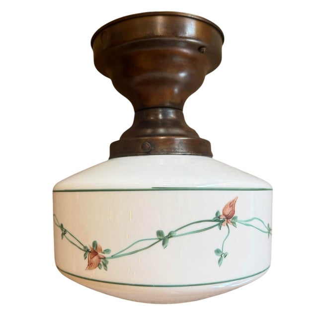 Circa 1920’s Painted Roses on Vines Milk Glass Flushmount For Sale In Los Angeles - Image 6 of 7