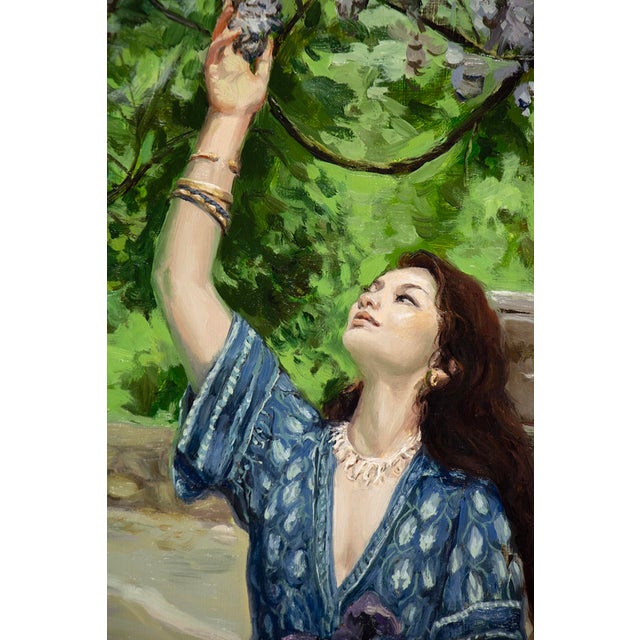 Wisteria by Nadezda | Oil on Panel Woman reaching for blooming wisteria flowers. For Sale